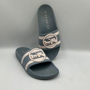 Coach ULI HC Slides Blue Cream Horse and Carriage Logo Sandals G5063 Women's 7B